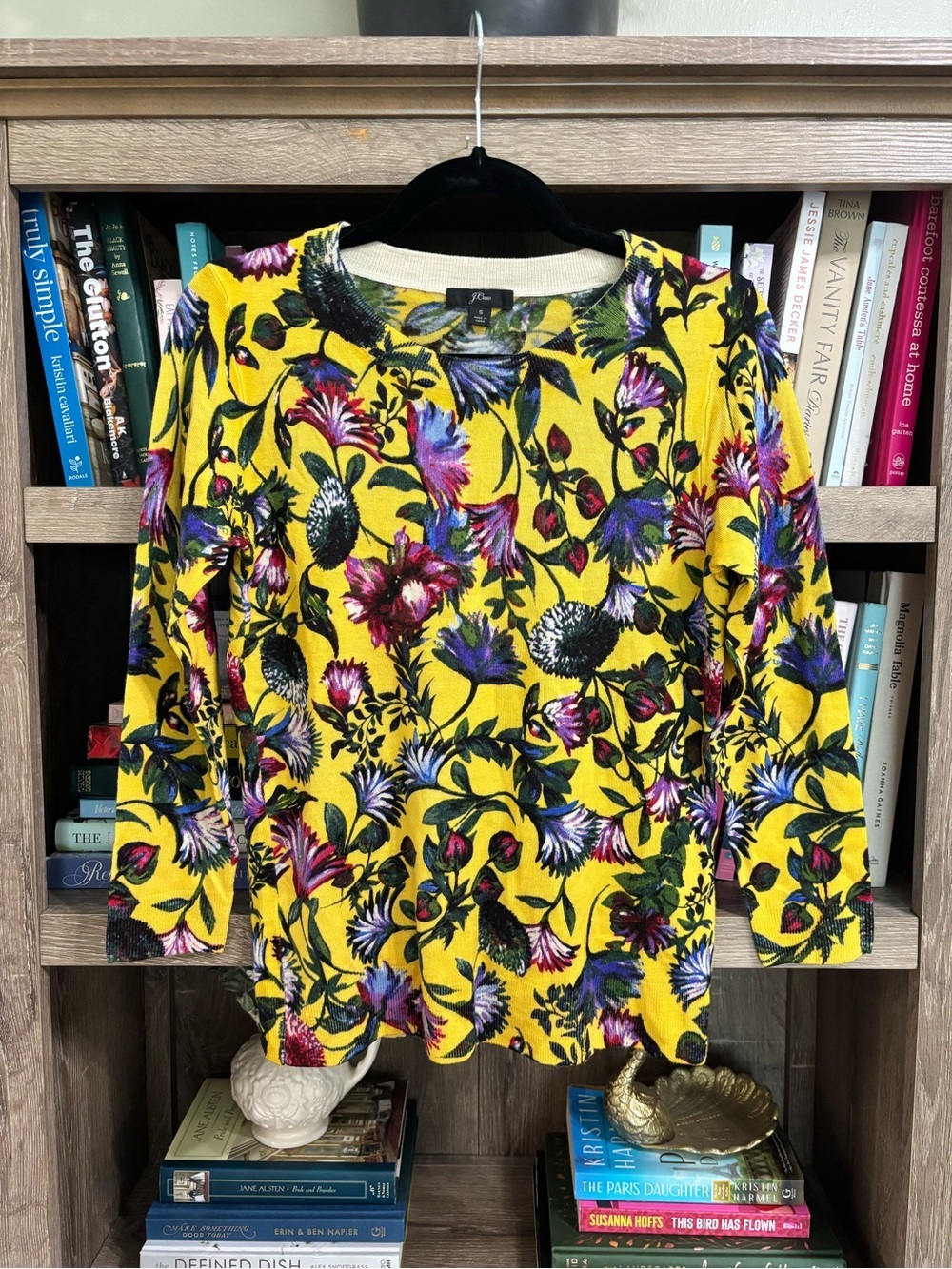 J. Crew Yellow Floral Wool Crewneck Sweater, Size S